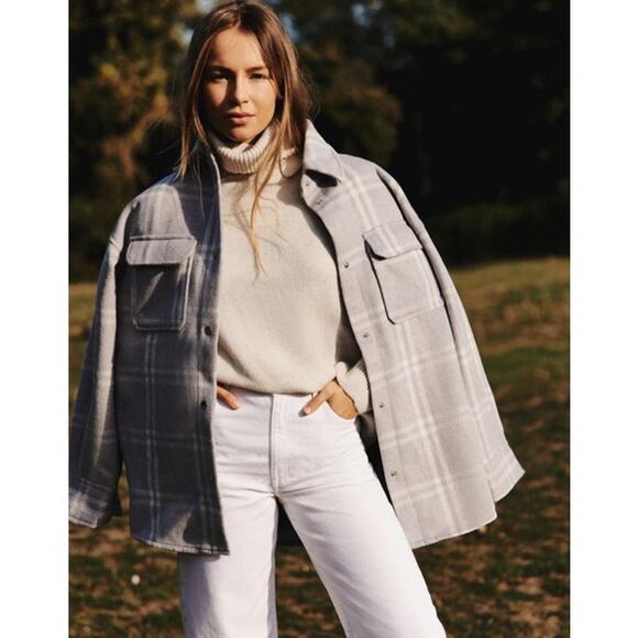 H&M Gray Plaid Felt Button Down Shirt Shacket Jacket Size XS - Picture 3 of 9